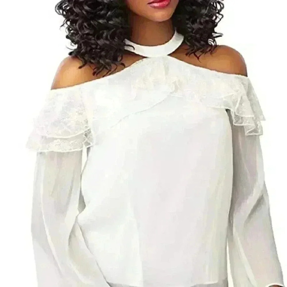 Alice + Olivia revolve cold shoulder Laticia Ruffle Top in Off White Sz XS - Picture 2 of 11